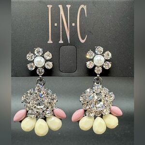 INC Silver Tone Crystal Flower Post Earnings W/ Drop Dangle Crystal Flower